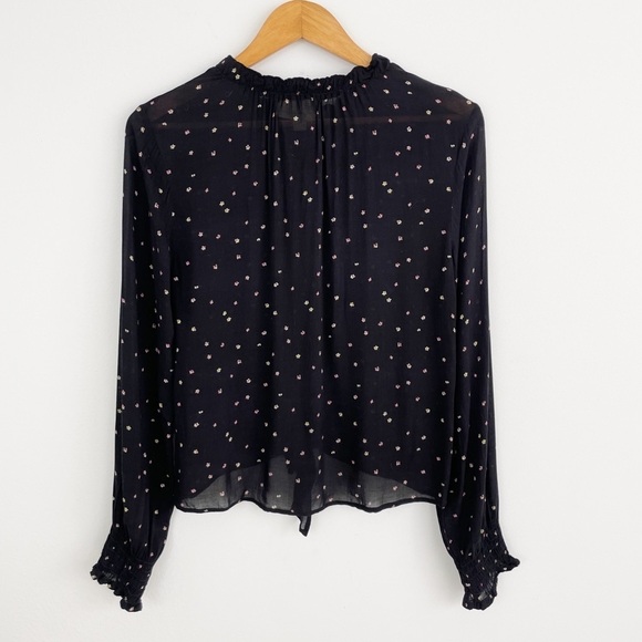 Anthropologie Cloth & Stone Black Floral Ruffle Neck Tie Front Long Sleeves Top - Picture 10 of 12